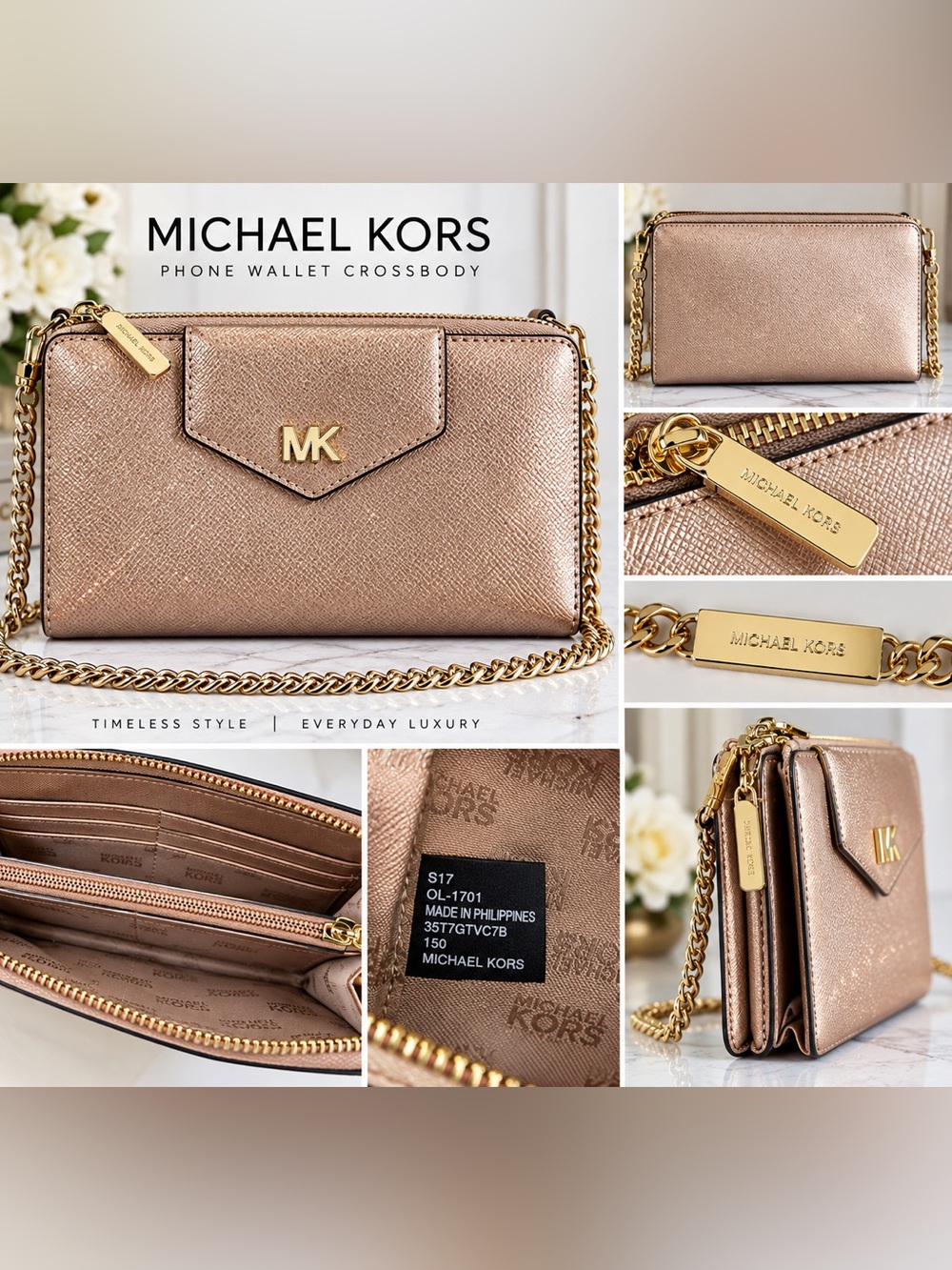Michael Kors Small Convertible Phone Crossbody Wallet Metallic Rose Gold Leather